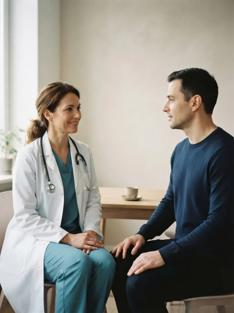 An attractive illustrative unnamed woman physician around 32 to 40 and one anonymous adult man visitor listens attentively during a calm seated consultation-style conversation
